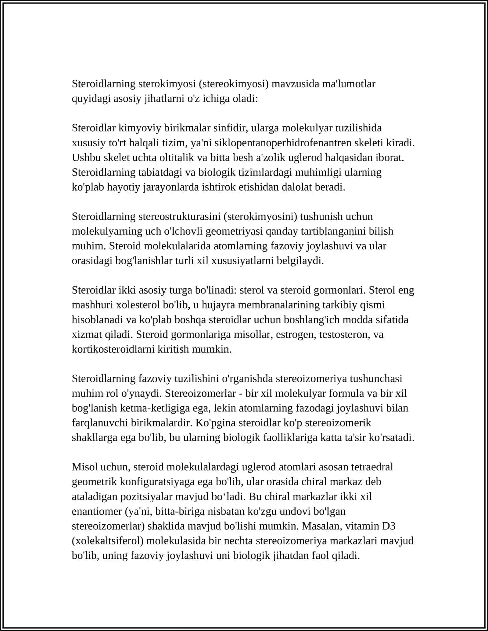 STEROIDLAR VA TERPENLARNING STEREOKIMYOSI HAMDA ULAR ISHTIROKIDAGI MUHIM BIOLOGIK JARAYONLAR 4