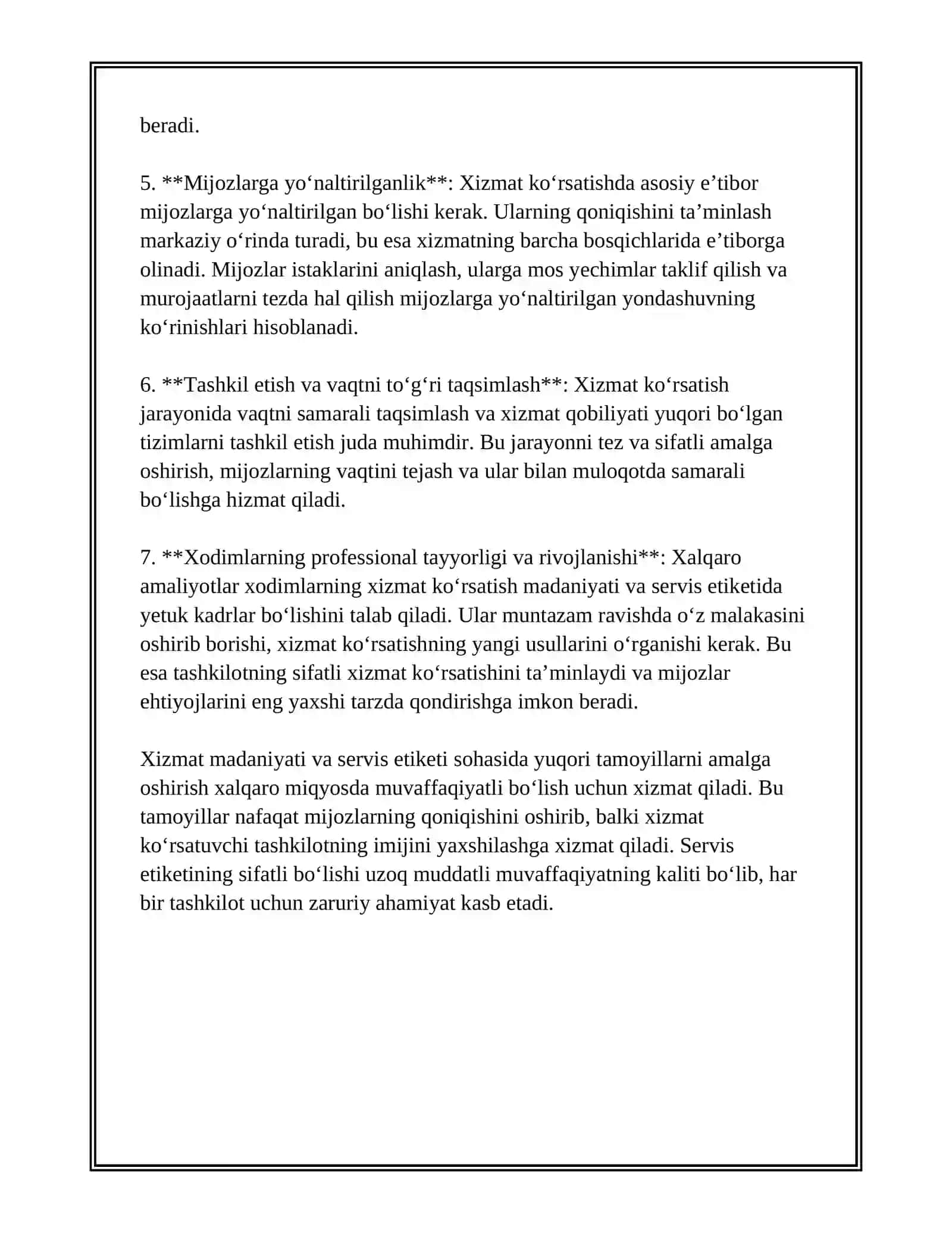 XIZMAT KOʻRSATISH MADANIYATI VA SERVIS ETIKETI: XALQARO AMALIYOTLAR 4