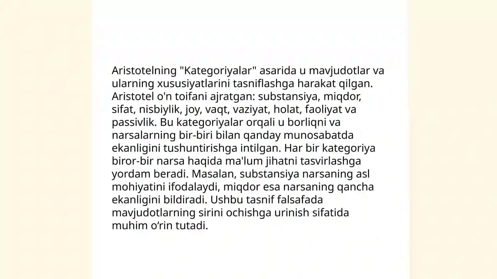 Aristotel, Farobiy va Kant ontologiyasida kategoriyalarning tasnifi 4