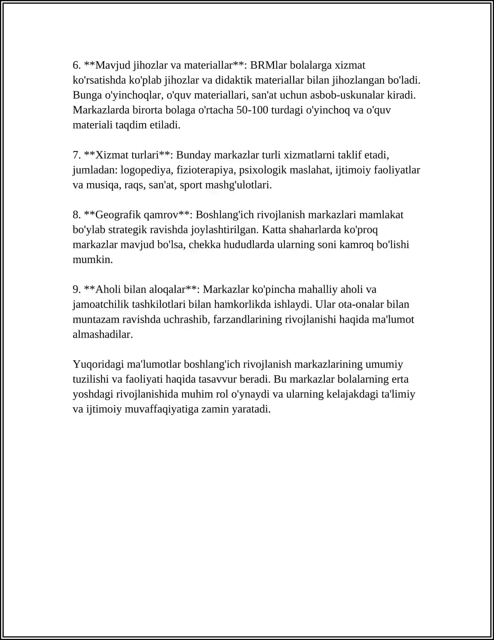 RIVOJLANTIRUVCHI MARKAZLARGA QO'YILADIGAN TALABLAR. MAKTABGACHA TA'LIMDA MARKAZLAR TALIMOTIDA OLIB BORILADIGAN MAVZULAR 4
