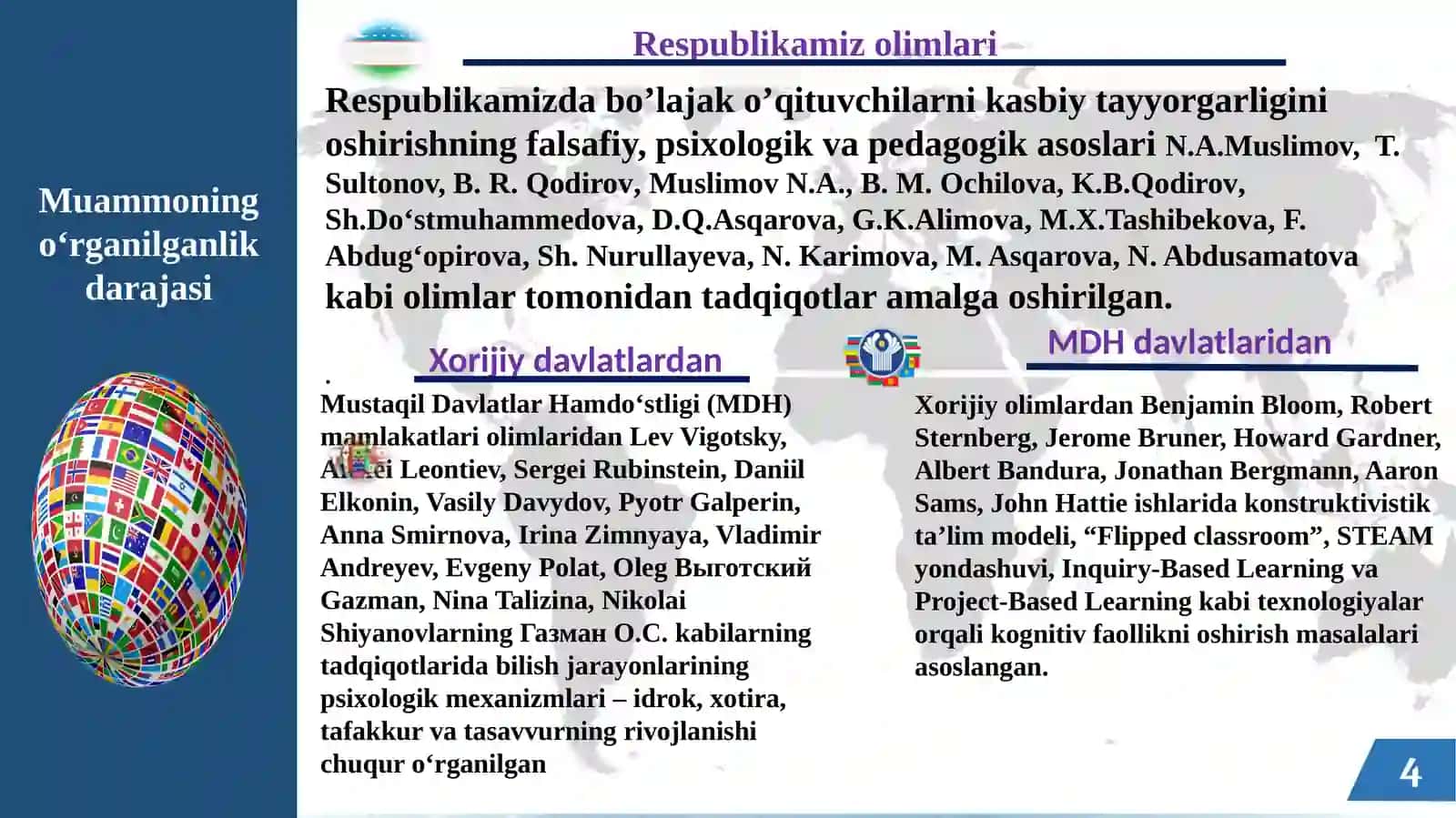 Taʼlimtarbiyanazariyasi va metodikasi boʻyicha ilmiyrahbar: N.J.Abdullayeva 4