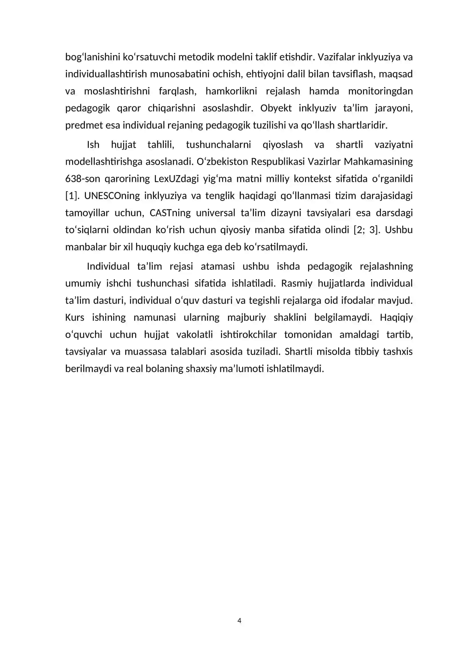 Inklyuziv ta’limda individual ta’lim rejasini ishlab chiqishning pedagogik asoslari — kurs ishi namunasi 4
