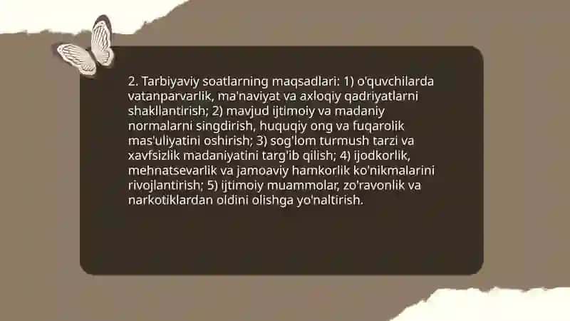 Tarbiyaviy soatlarning maqsadi va asosiy vazifalari turlari va tuzilishi 4