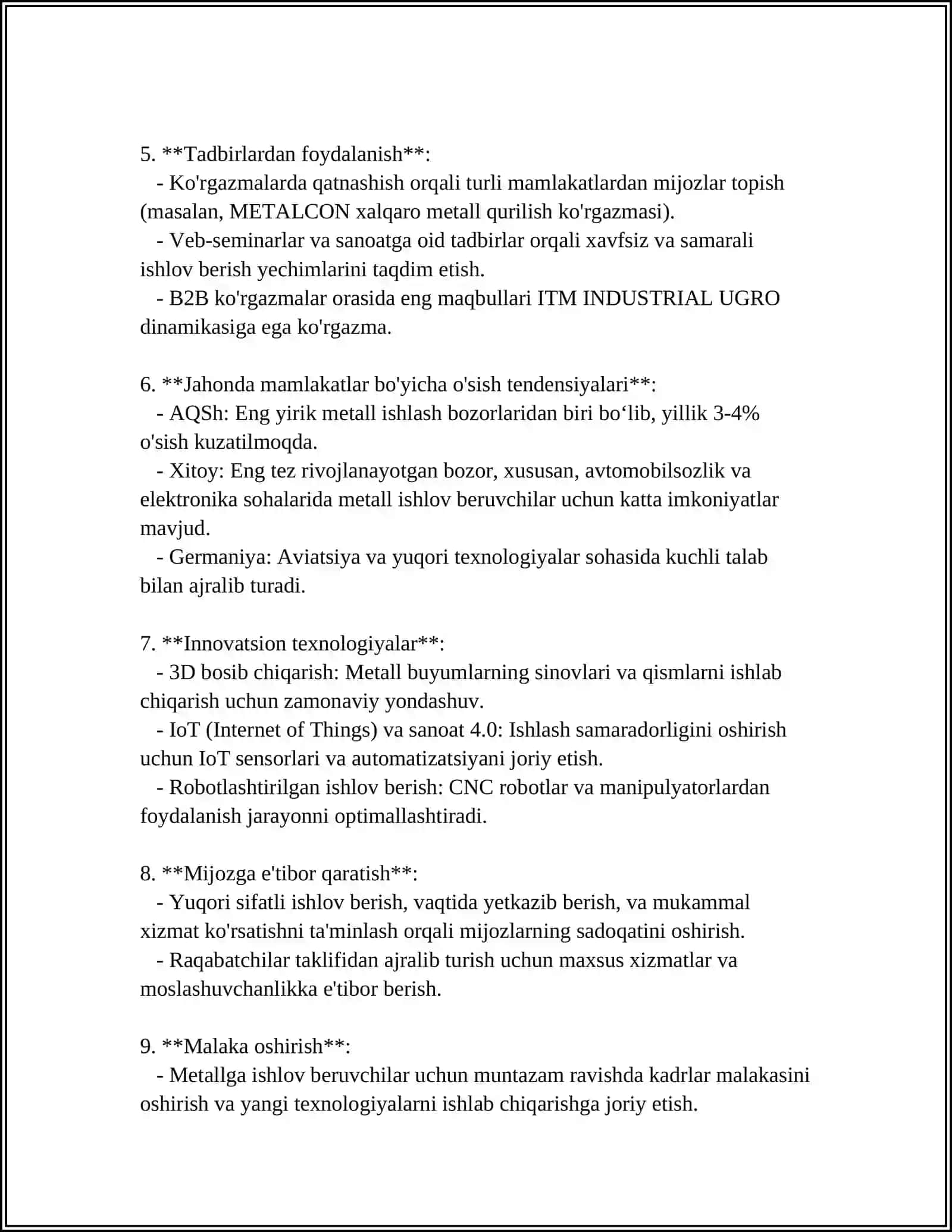 METALLGA ISHLOV BERUVCHI VA ELEKTRONIKA BUYUMLARI EHTIYOT QISMLARINI TAYYORLOVCHI FIRMA VA UNING MARKETING STRATEGIYASI 4