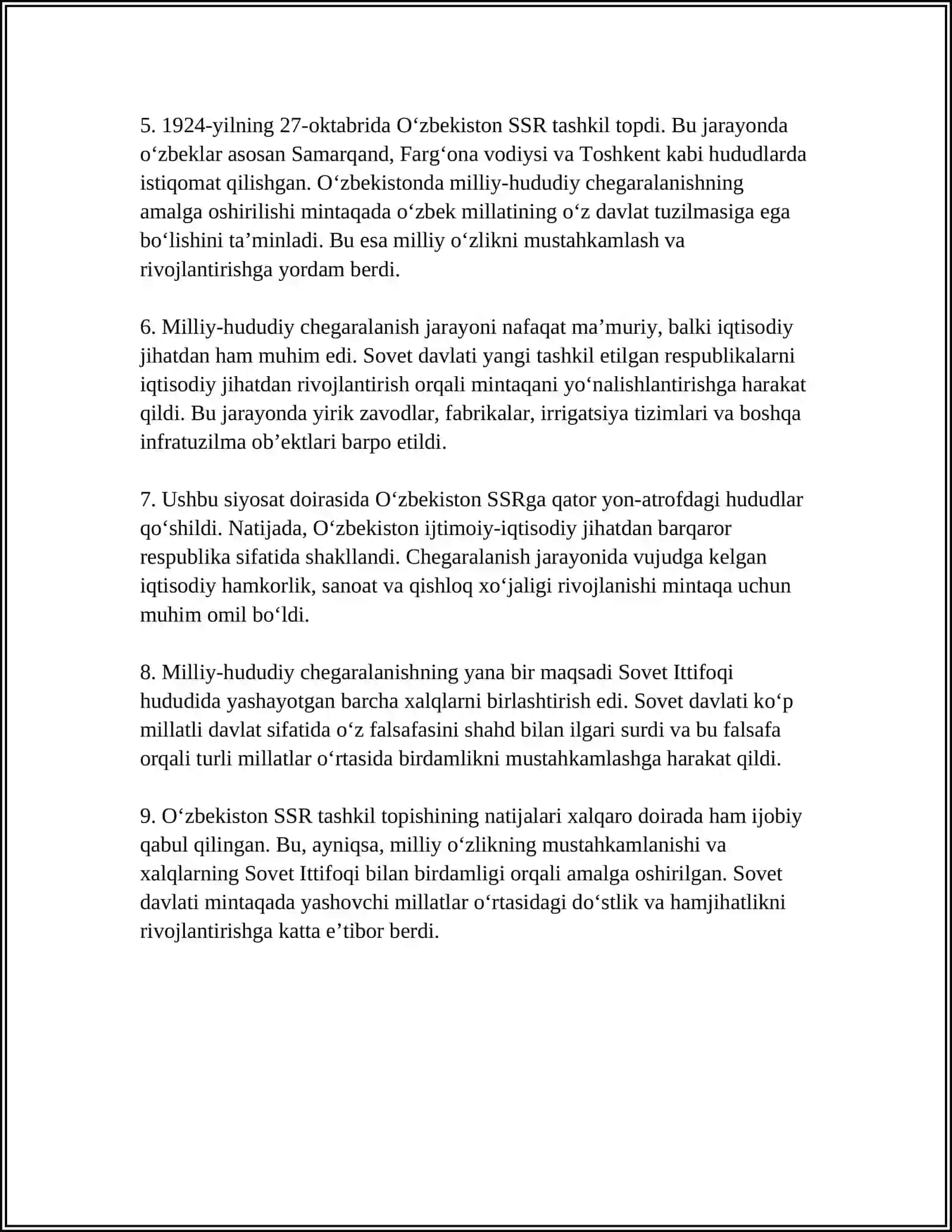 O'RTA OSIYO RESPUBLIKALARIDA O'TKAZILGAN MILLIY-HUDUDIY CHEGARALANISH O'ZBEKISTON SSRNING TASHKIL TOPISHI 4