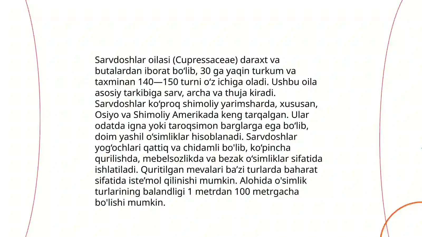 Sarvdoshlar oilasi turkumi turlari biologiyasi ekologiyasi areali va xalq xo'jaligidagi ahamiyati 4