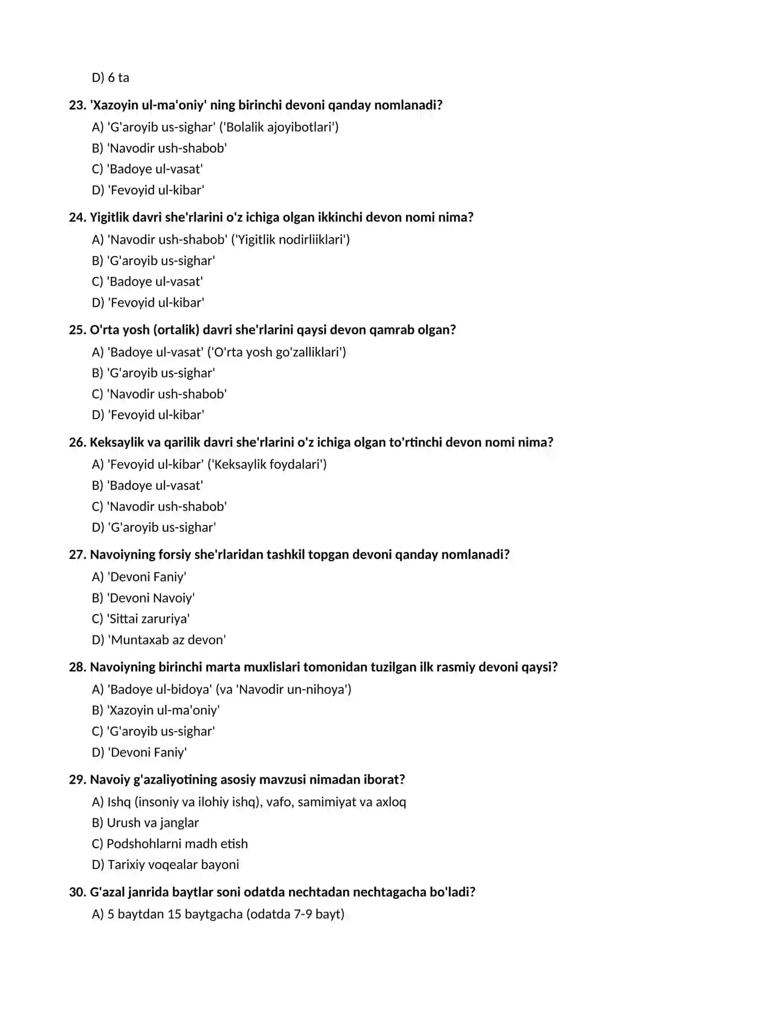 ALISHER NAVOIY HAYOTI VA IJODI (Maktab darsligi asosida 100 talik test va javoblar) 4