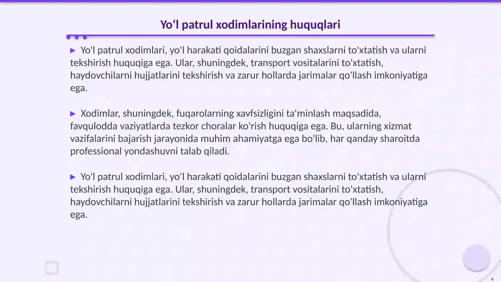 Polashada yoʻl patrul xizmati xodimini huquq va majburiyatlari 4