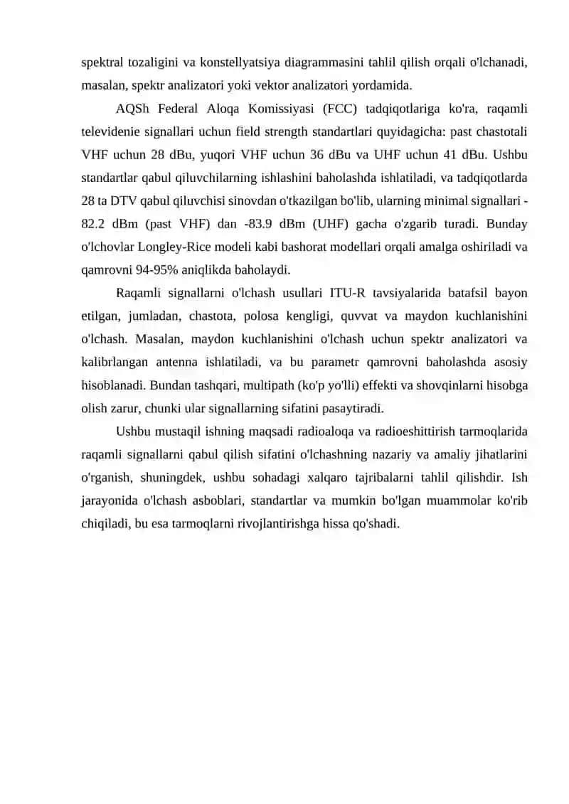 Radioaloqa va radioeshittirish tarmoqlarida raqamli signallarni qabul qilish sifatini o‘lchash 4