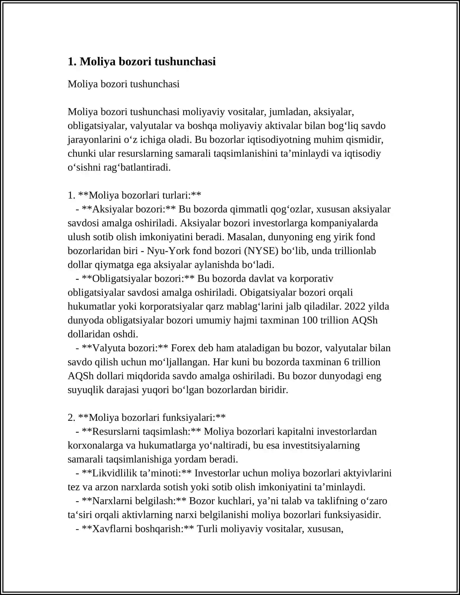 Moliya bozori va uning moliyaviy resurslarni shakllantirishdagi o'rni 4