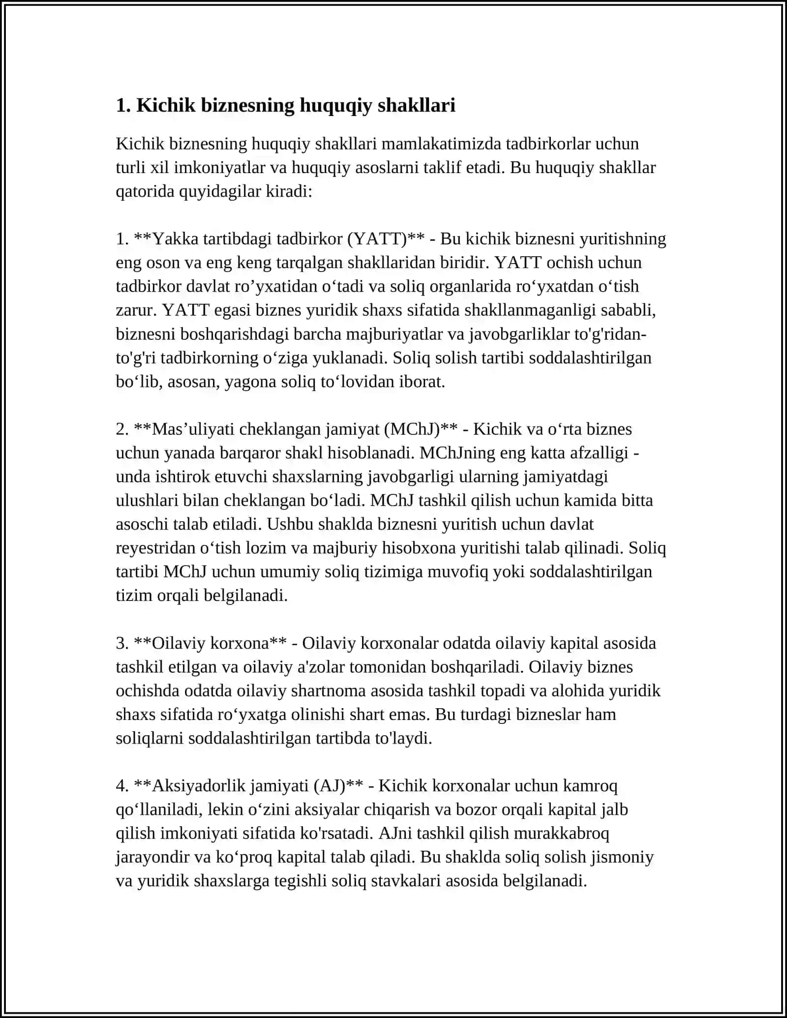 Kichik biznes va tadbirkorlikning turlari hamda shakllari 4
