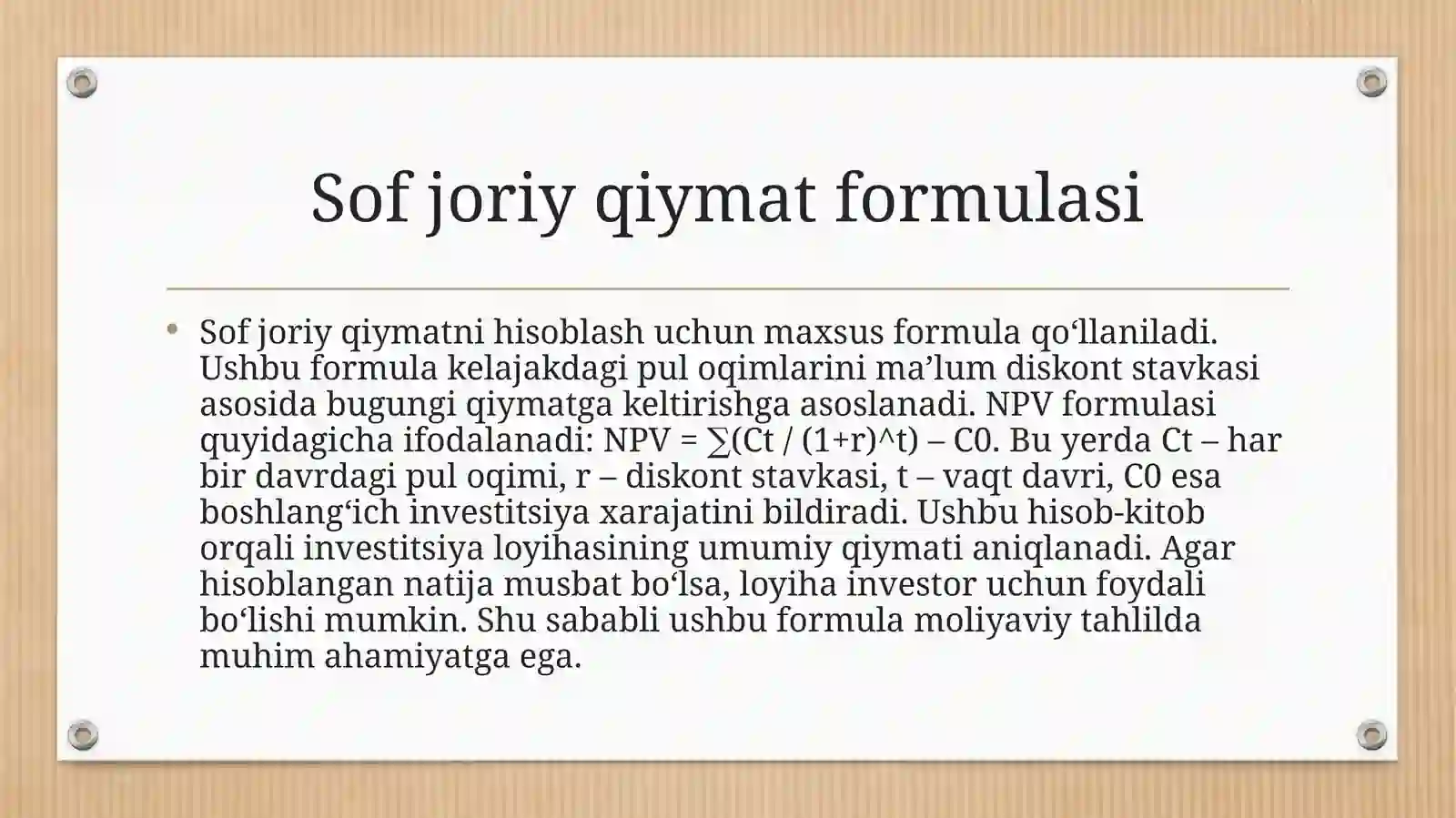 Sofjoriy qiymat usullari bo'yicha investitsion qarorlarni qabul qilish 4