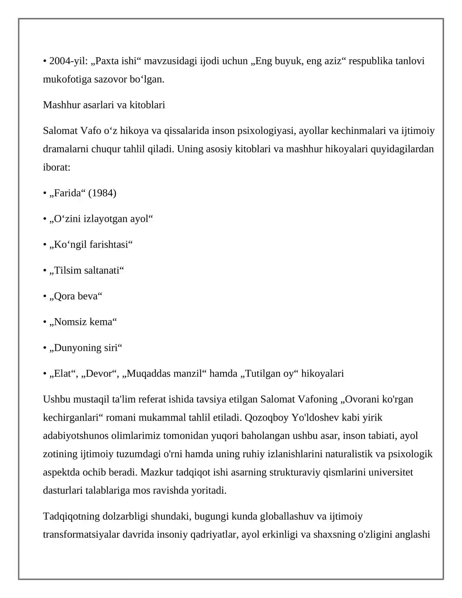SALOMAT VAFONING „OVORANI KOʻRGAN KECHIRGANLARI“ ROMANINING BADIIY VA STRUKTURAVIY TAHLIL 4