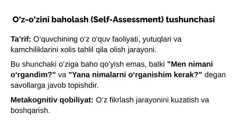 O'quvchilarni o'z-o'zini baholash qobiliyatini oshirish va mustaqil fikrlashni rivojlantirish 4