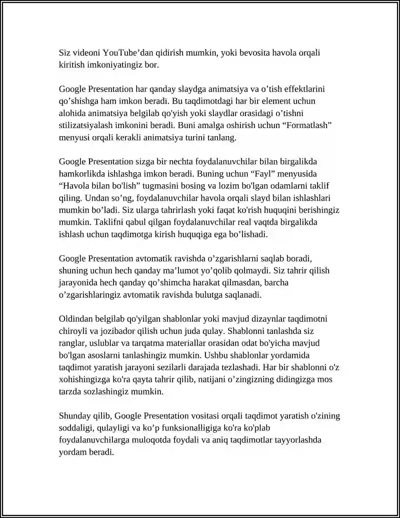 GOOGLE PRESENTATION BILAN ISHLASH 4