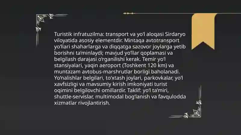 Sirdaryo Viloyatlarda turizm iqtisodiyotini o‘rganish 4