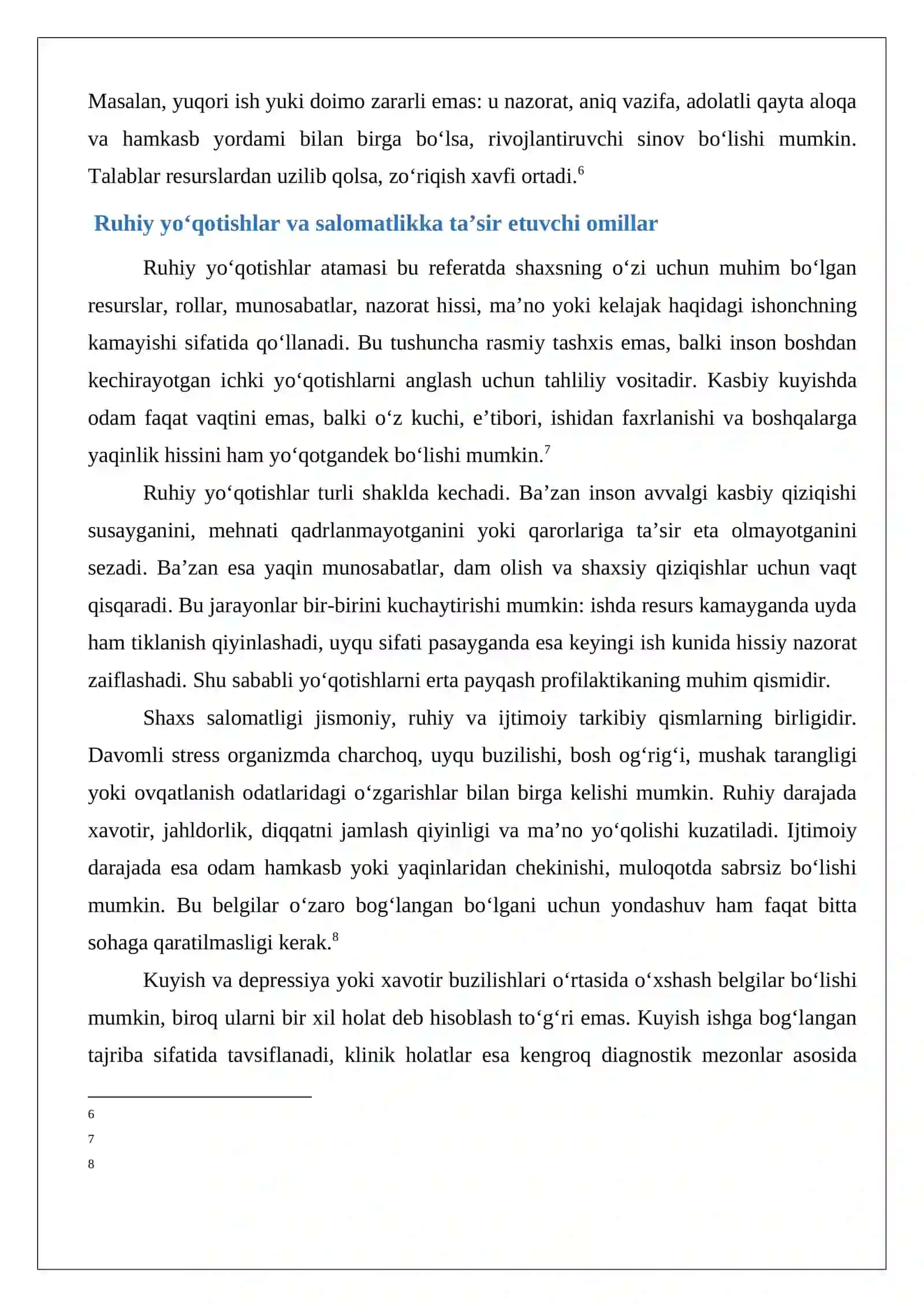 Kuyish, ruhiy yo‘qotishlar va shaxs salomatligi. Stressga chidamlilik va kuyishni yengish resurslari. Kuyishni yengishning shaxsiy va ijtimoiy resurslari Referat.docx 4