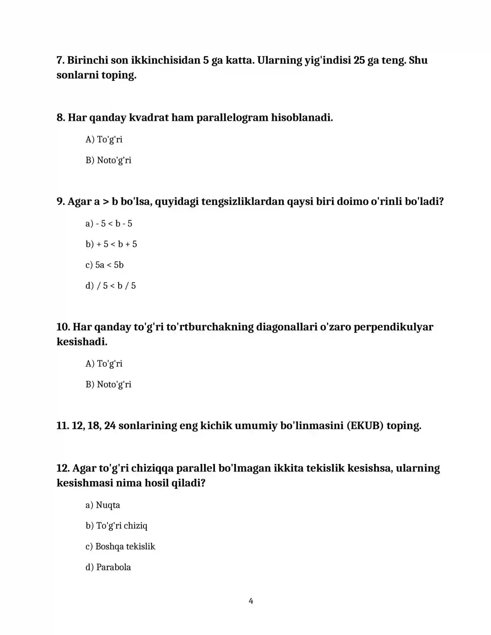 MATEMATIKA: MANTIQIY VA HISOBLASHGA DOIR DTM TESTLARI 4