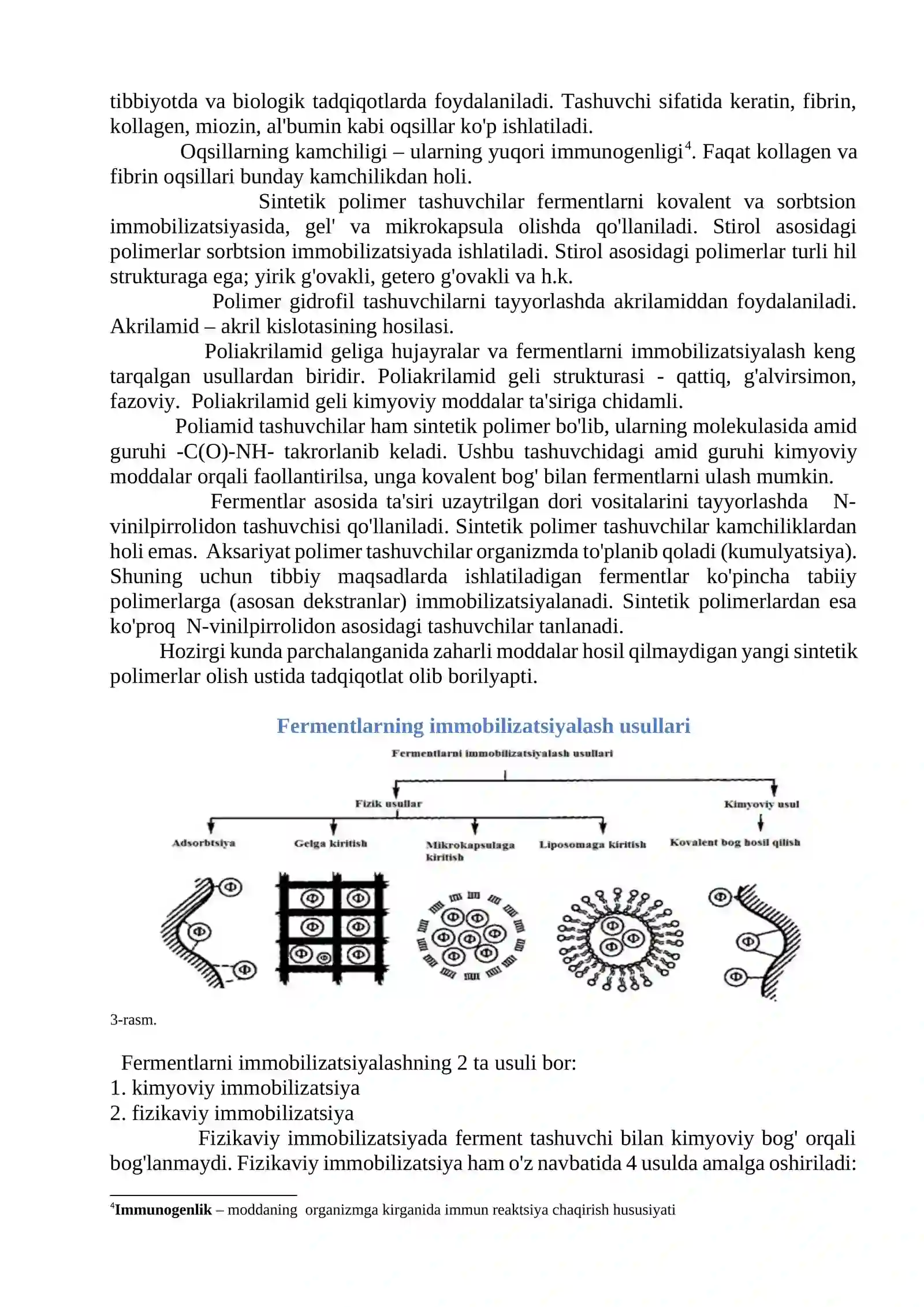 FERMENTLARNI IMMOBILIZATSIYALASH. IMMOBILIZATSIYA TURLARI. IMMOBILIZATSIYALANGAN FERMENTLAR VA ULARGA TA`SIR ETUVCHI OMILLAR 4