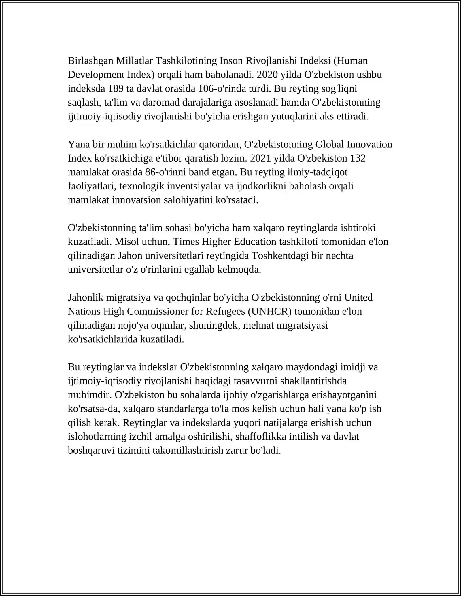 YANGI O'ZBEKISTON IJTIMOIY-SIYOSIY, IQTISODIY VA MADANIY HAYOTIDA RO'Y BERAYOTGAN O'ZGARISHLARNING XALQARO REYTING VA INDEKSLARDA AKS ETISHI 4