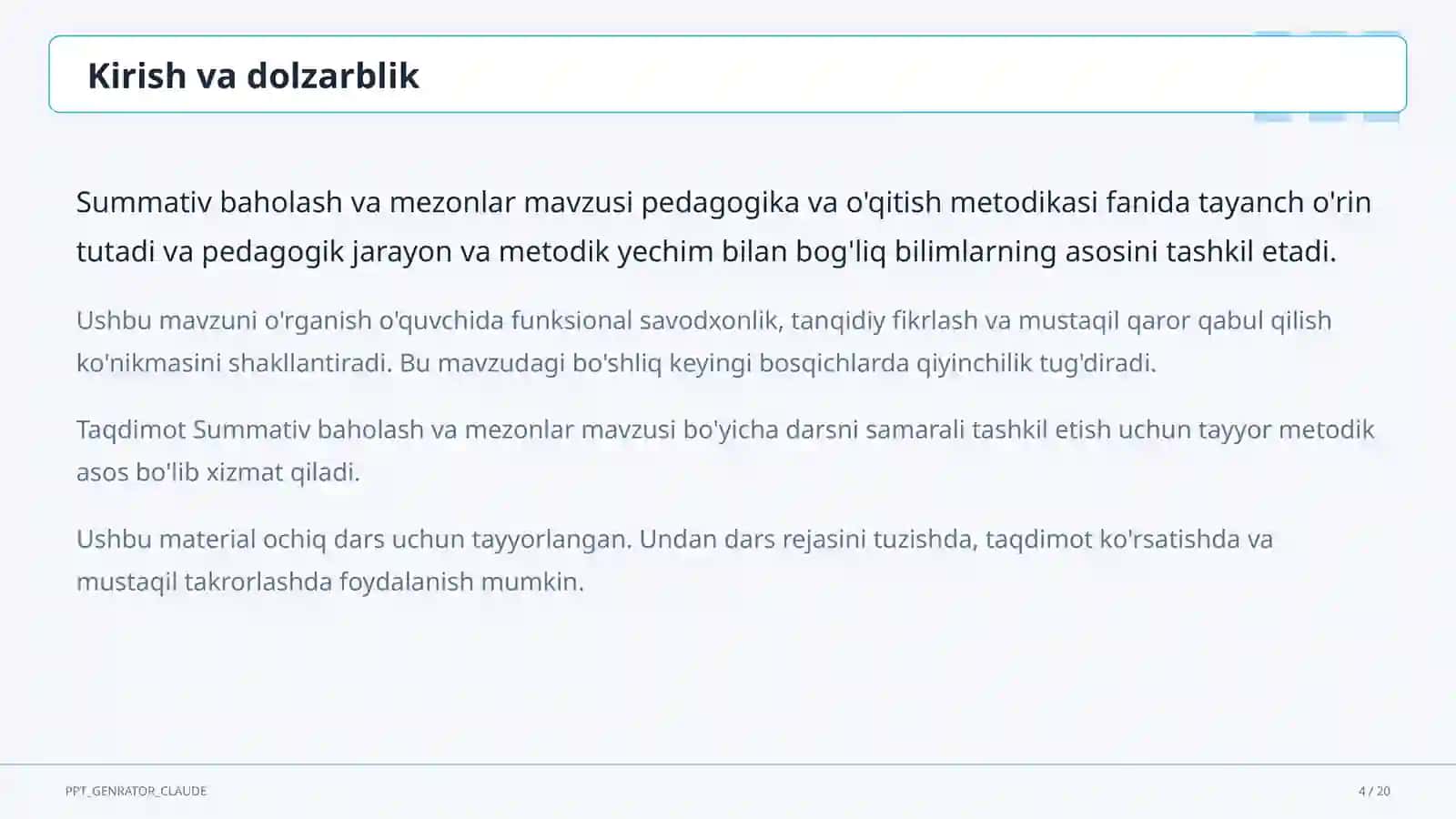 Summativ baholash va mezonlar 4