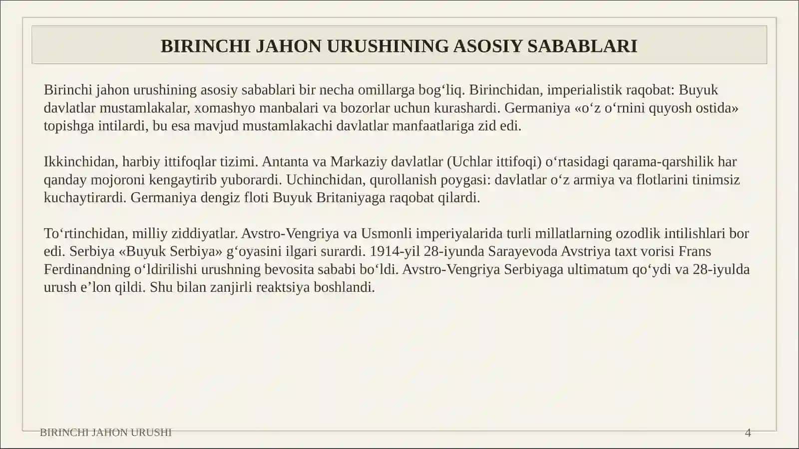 BIRINCHI JAHON URUSHI Kelib chiqish sabablari, frontlar, oqibatlari va tarixiy ahamiyati 4