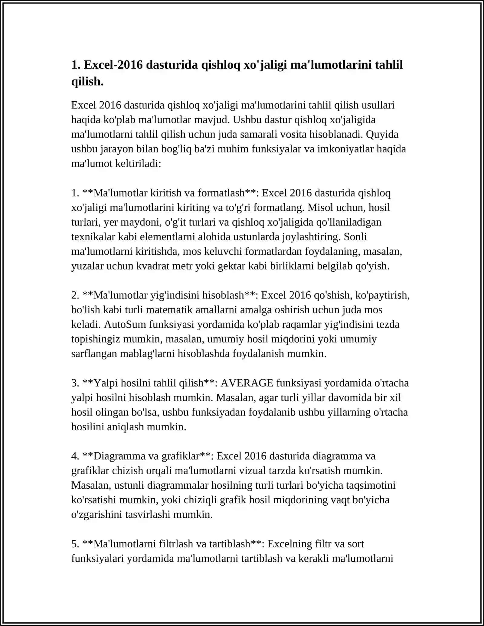 "EXCEL-2016 DASTURINING STATISTIK TAHLILLAR QILISH VA YECHIMLAR QIDIRISH FUNKSIYALARIDAN QISHLOQ XO'JALIGI ISHLAB CHIQARISHIDA FOYDALANISH." 4