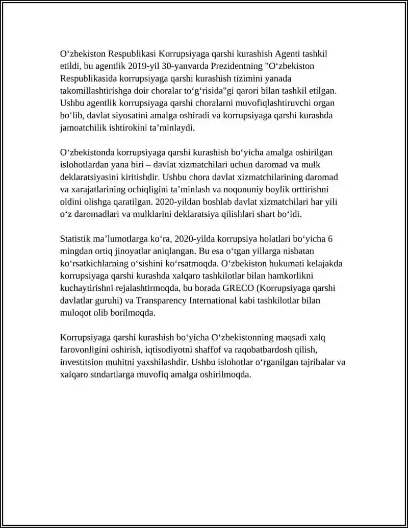 OʻZBEKISTON RESPUBLIKASIDA KORRUPSIYAGA QARSHI KURASHISH CHORA TADBIRLARI 4