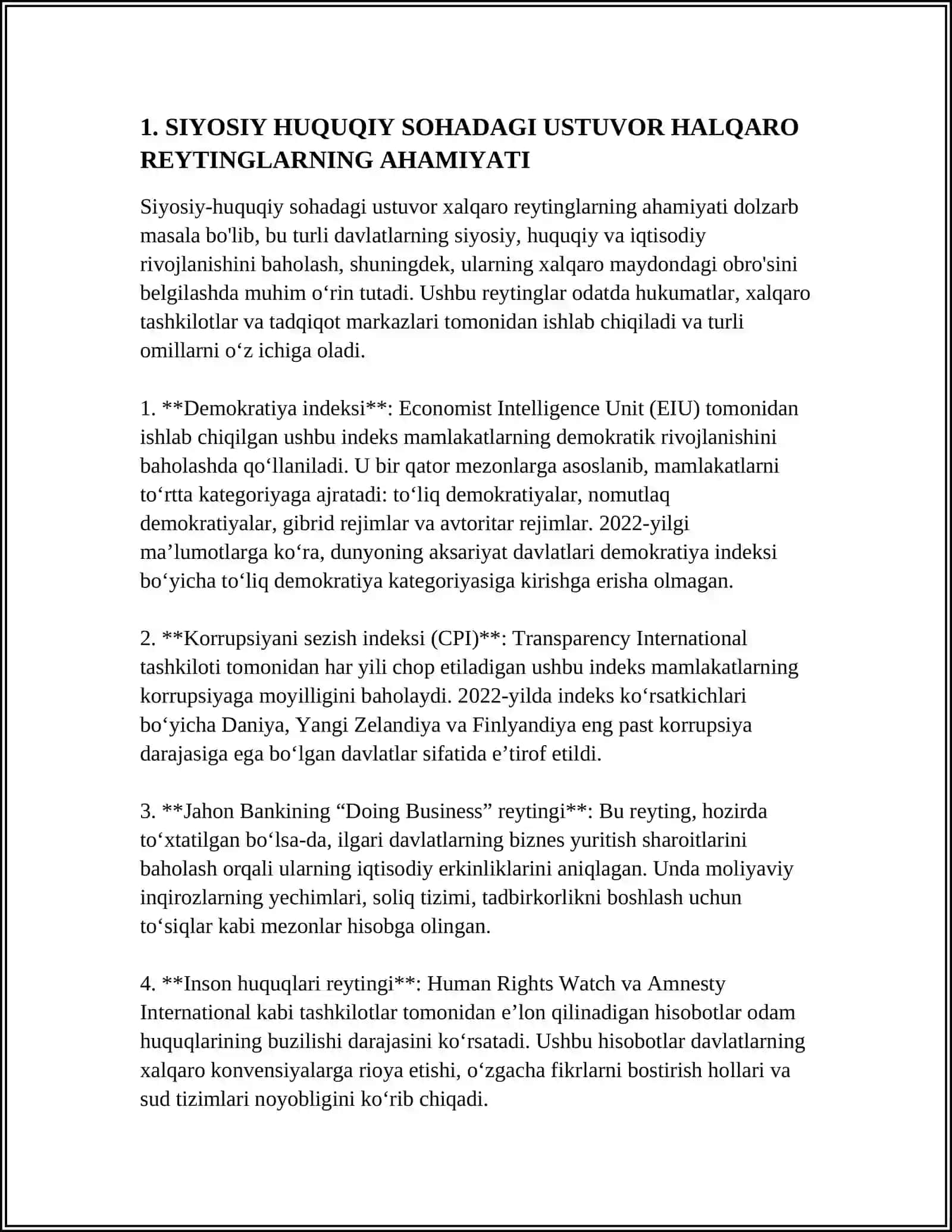 MUSTAQIL ISH Mavzu: SIYOSIY HUQUQIY SOHADAGI USTUVOR HALQARO REYTINGLAR VA ULARGA O'ZBEKISTON INTEGRASIYALASHUVI 4