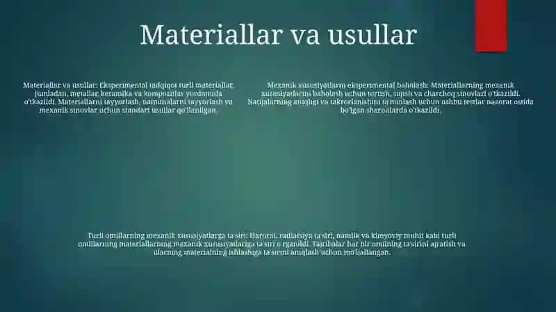 Yangi Materilallarning Mexanik Xususiyatlarini Tajribada O'Rganish Mexanik Xususiyatlarga Turli Omilarning (Harorati Radiktiv Nurlanish Namlik Va X.K.) Ta'Siri 4