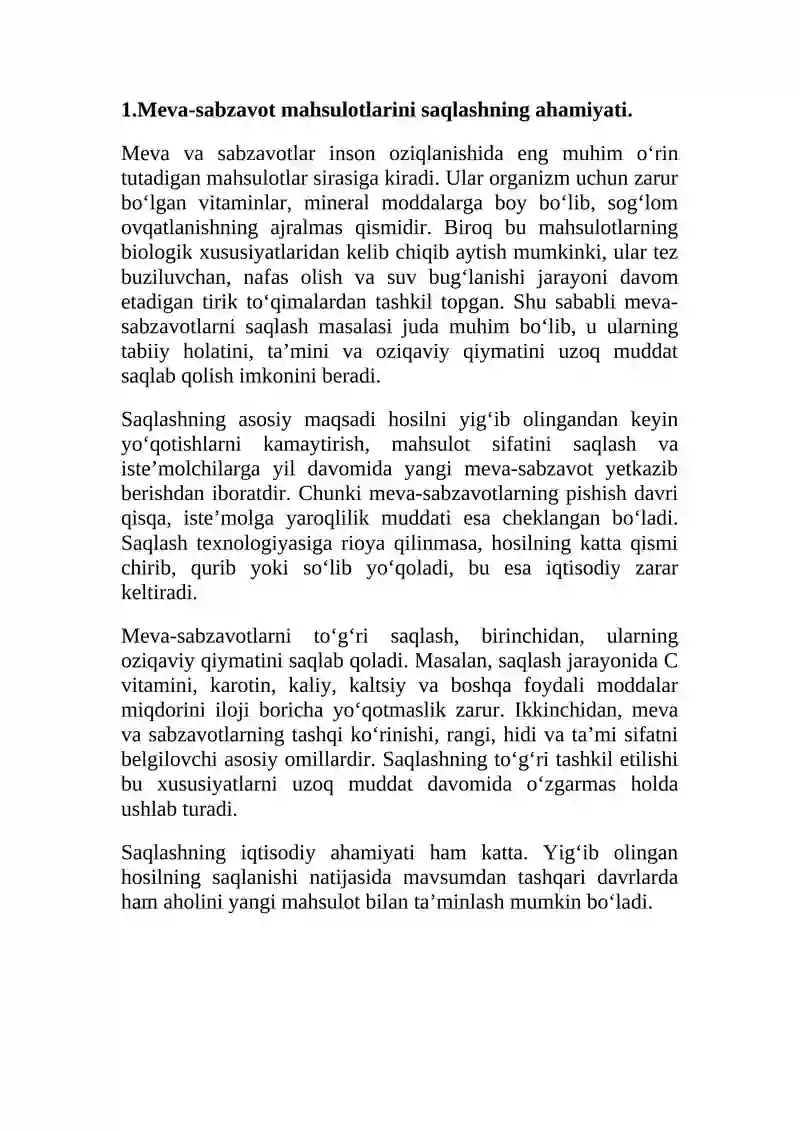 Meva-sabzavot mahsulotlarini saqlash omborlari, saqlash davrida sodir bo’ladigan o’zgarishlar. 4