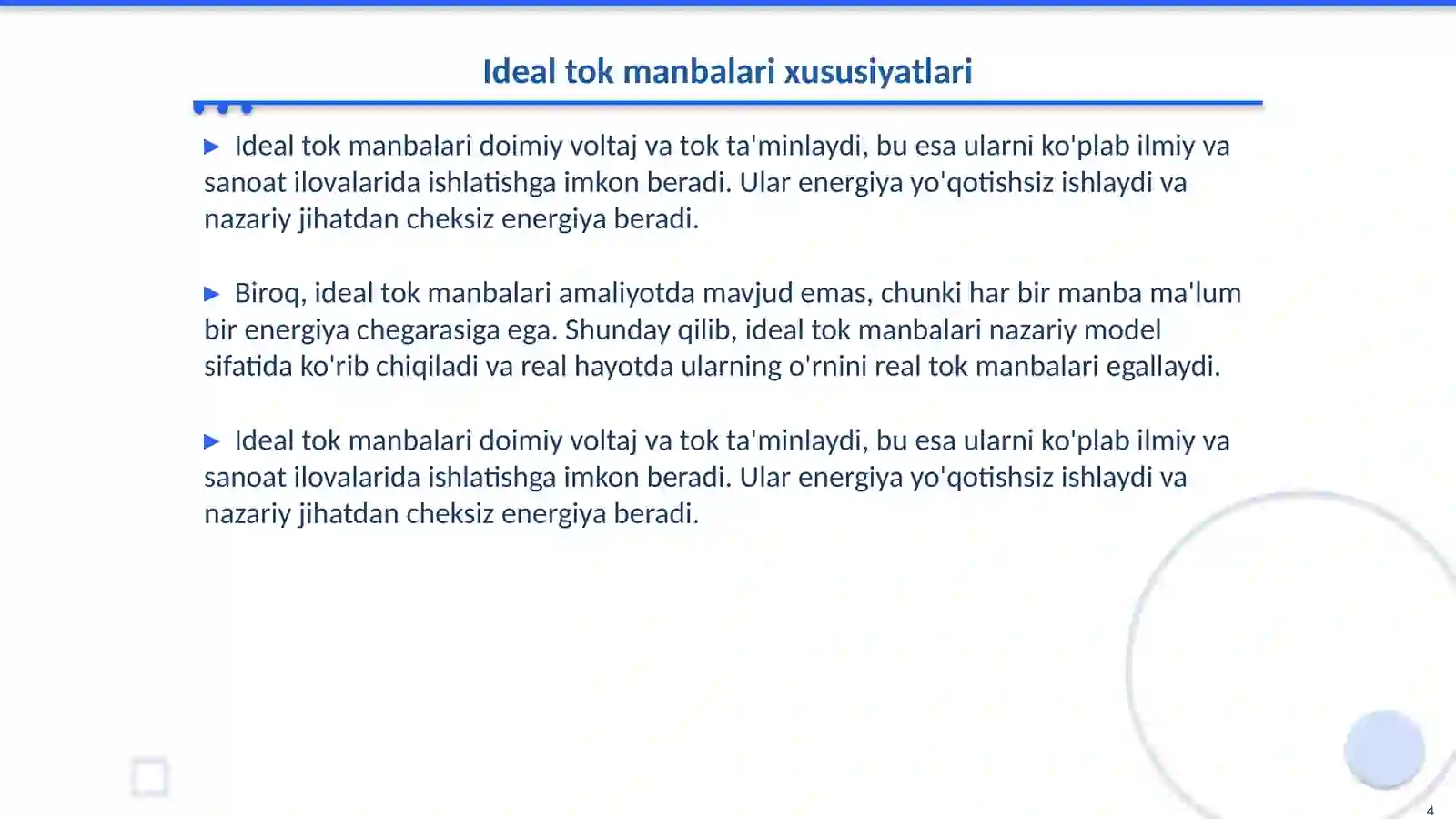 Elektr energiya manbalari (ideal va real tok manbalari) 4