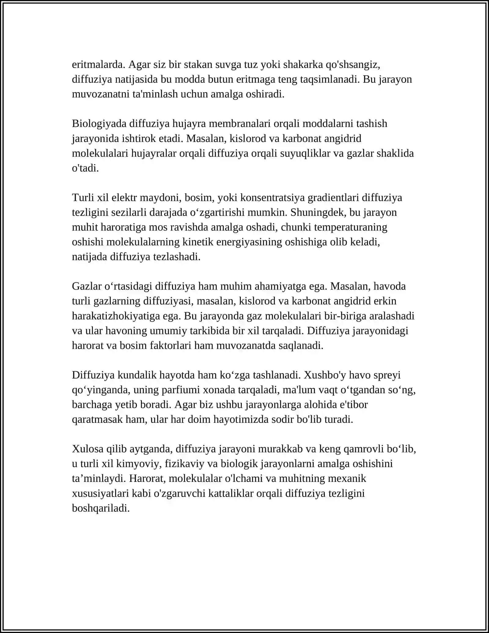 KO'CHISH HODISALARI. DIFFUZIYA, ISSIQLIK O'TKAZUVCHANLIK VA QOVUSHQOQLIK 4