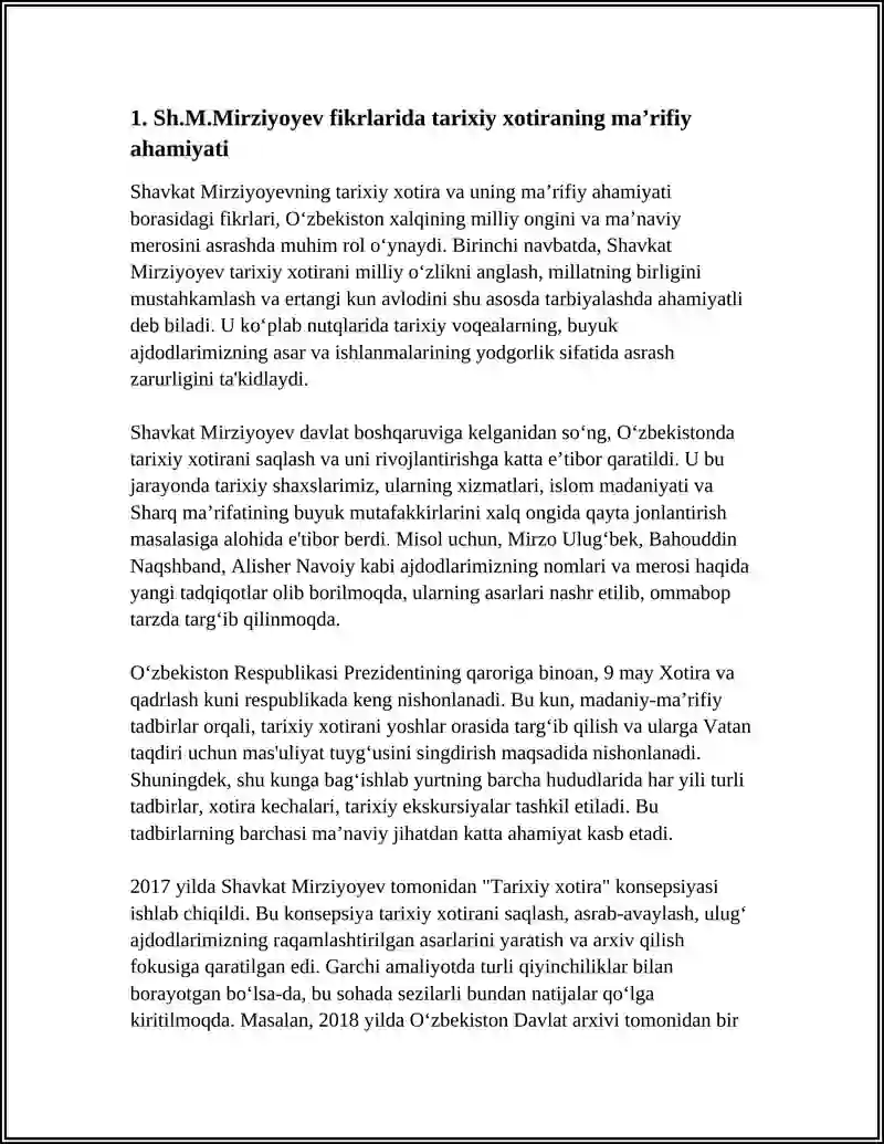 O‘ZBEKISTON RESPUBLIKASI PREZIDENTI SH.M.MIRZIYOEVNING MA’NAVIY ETUK SHAXSNI TARBIYALASHDA TARIXIY XOTIRANING O‘RNI VA SABOQLARI TO‘G‘RISIDAGI FIKRLARI 4