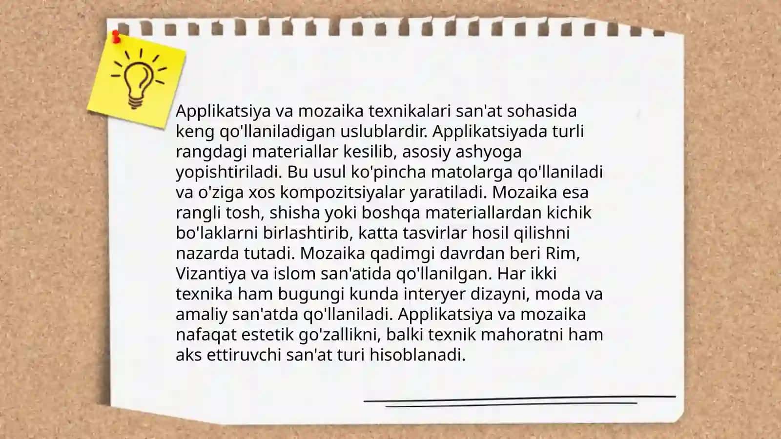 Applikatsiya va mozaika bilan ishlash darslarini to‘g‘ri tashkil etish talablari. Applikatsiya va mozaika tarixi 4