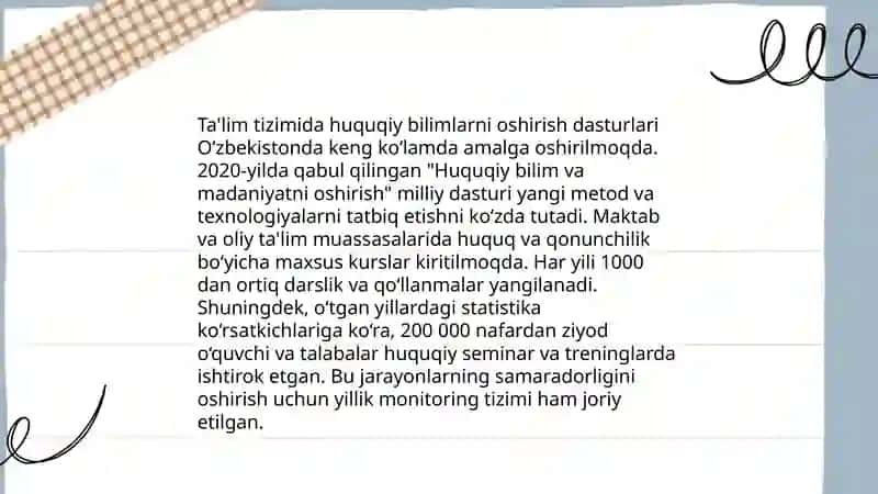 Jamiyatimiz huquqiy savodxonligini oshirishda bajarilayotgan islohotlar 4