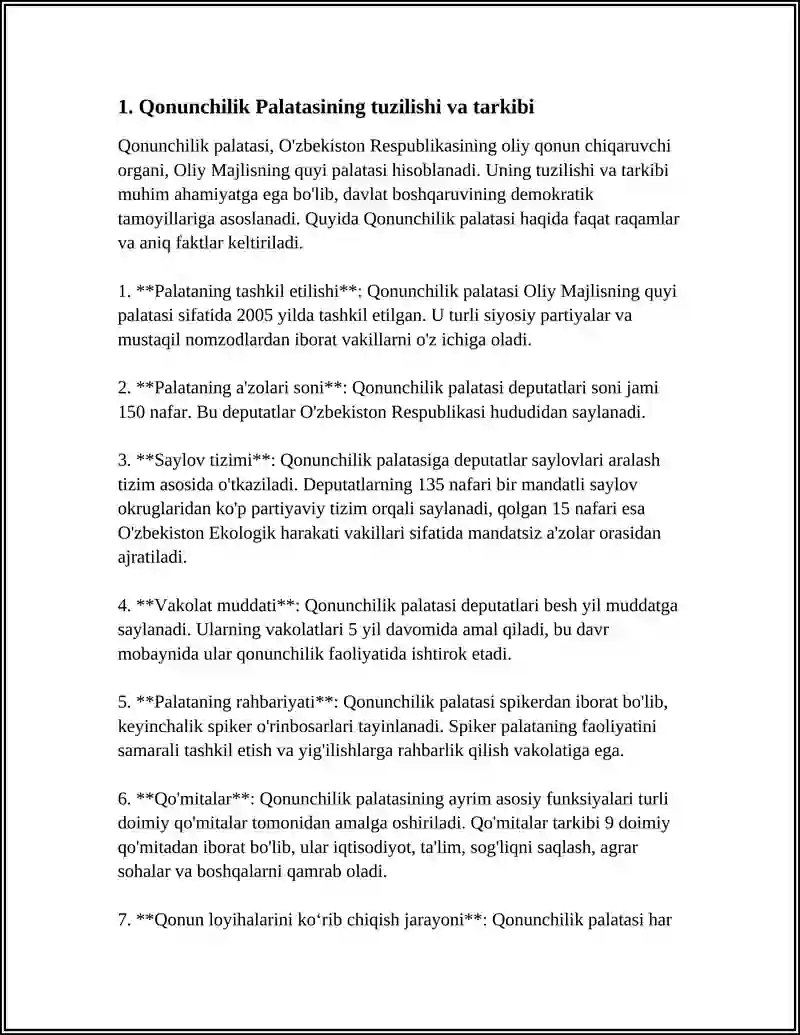 OʻZBEKISTON RESPUBLIKASI OLIY MAJLISI QONUNCHILIK PALATASI HAQIDA 4