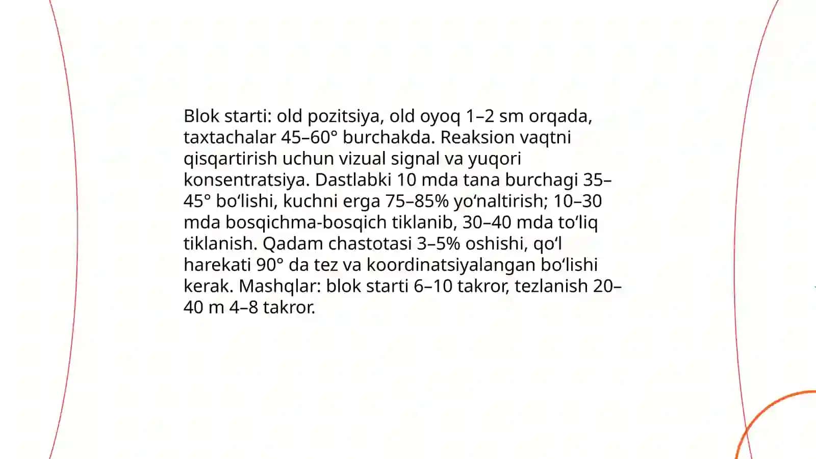 (4x10)metrga mokisimon yugurish.-60metrga yugurish.Badan qizdirish mashqlari xususiyatlari Oralboyeva Farangiz 4