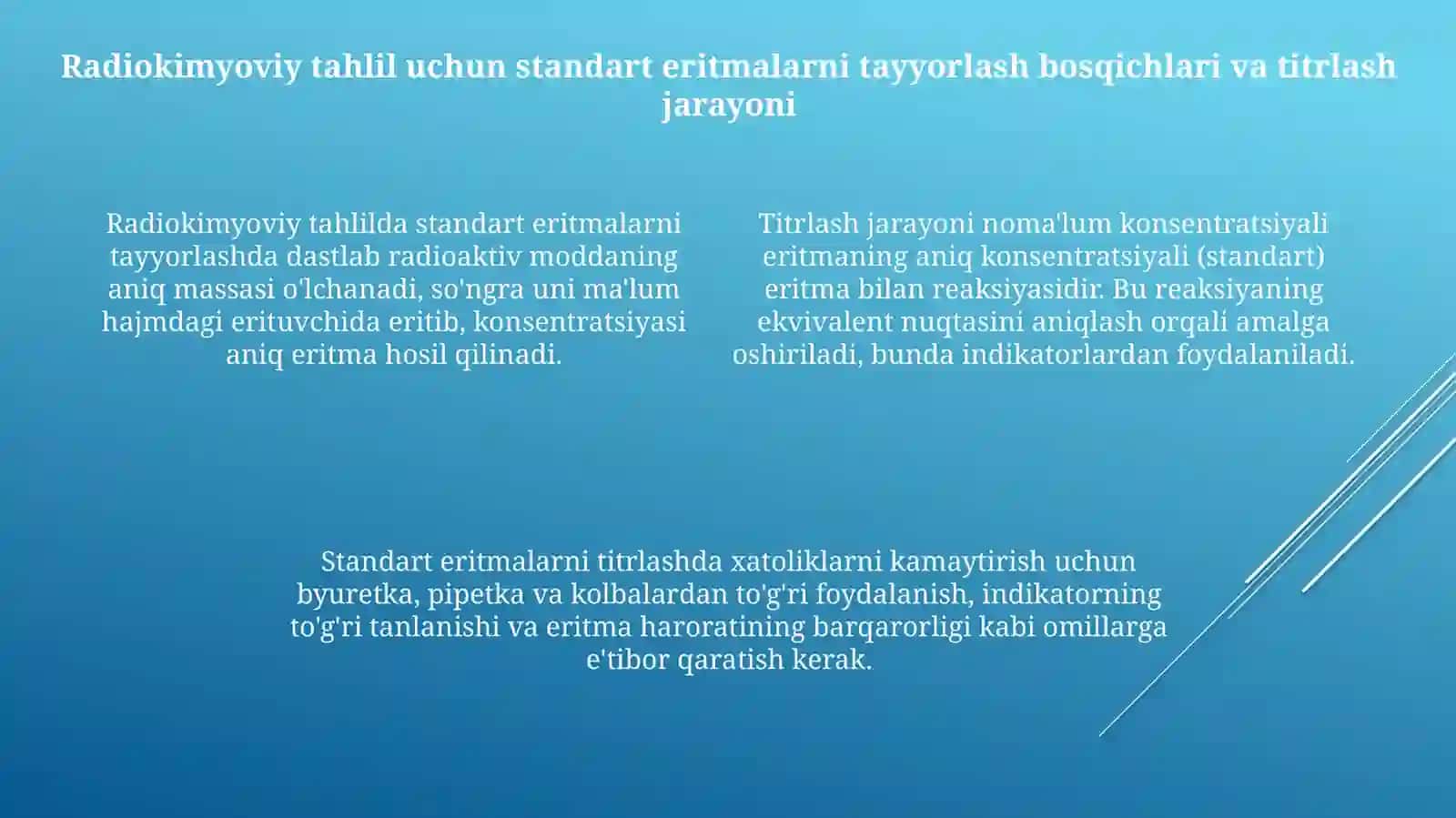 Radiokimyoviy tekshirish uchun titrlangan eritmalarni tayyorlash. Radiatsion-sanitariya ekspertizasi 4