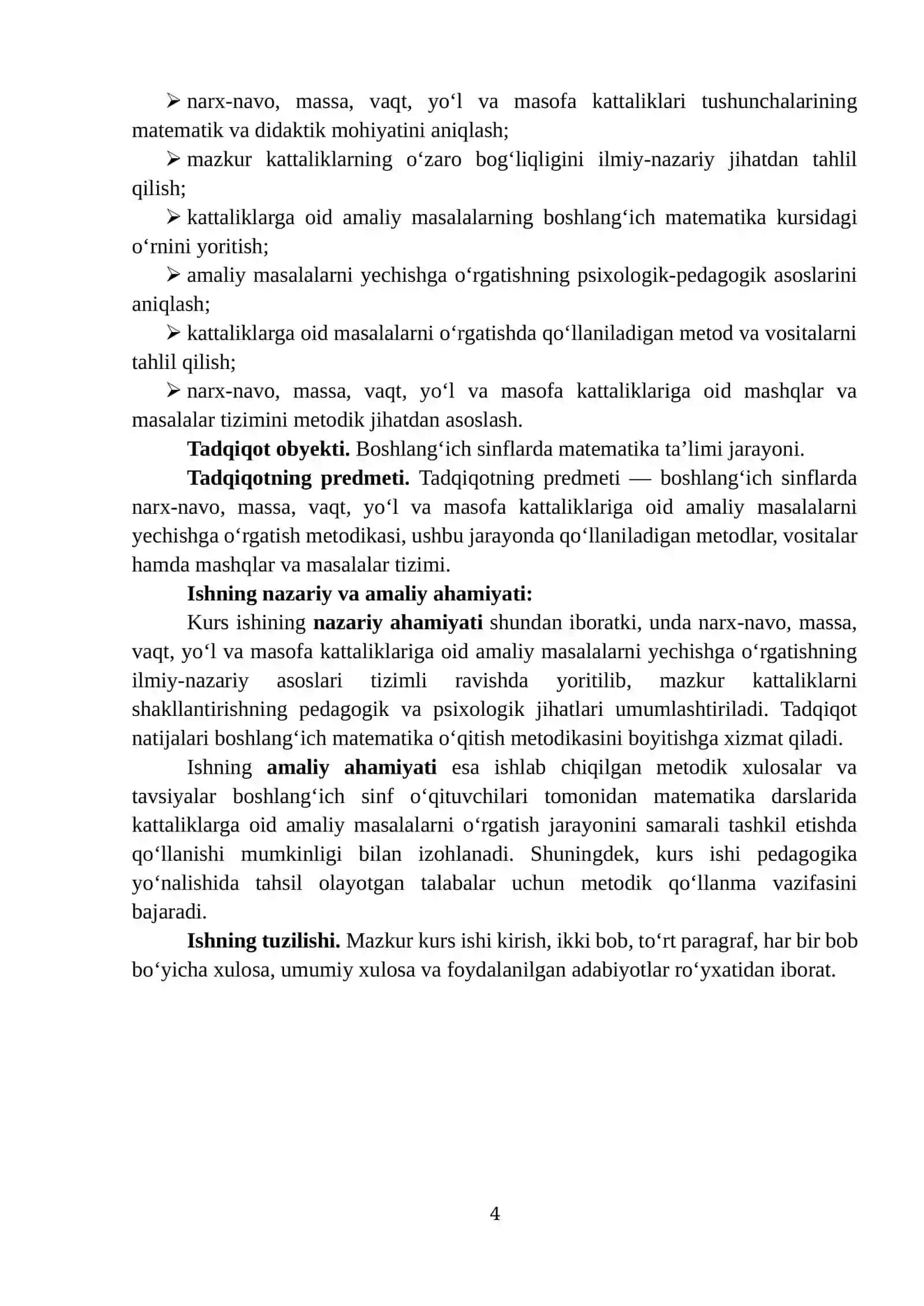 NARX-NAVO, MASSA, VAQT, YO‘L VA MASOFA KATTALIKLARIGA OID AMALIY MASALALARNI YECHISHGA O‘RGATISH METODIKASI 4