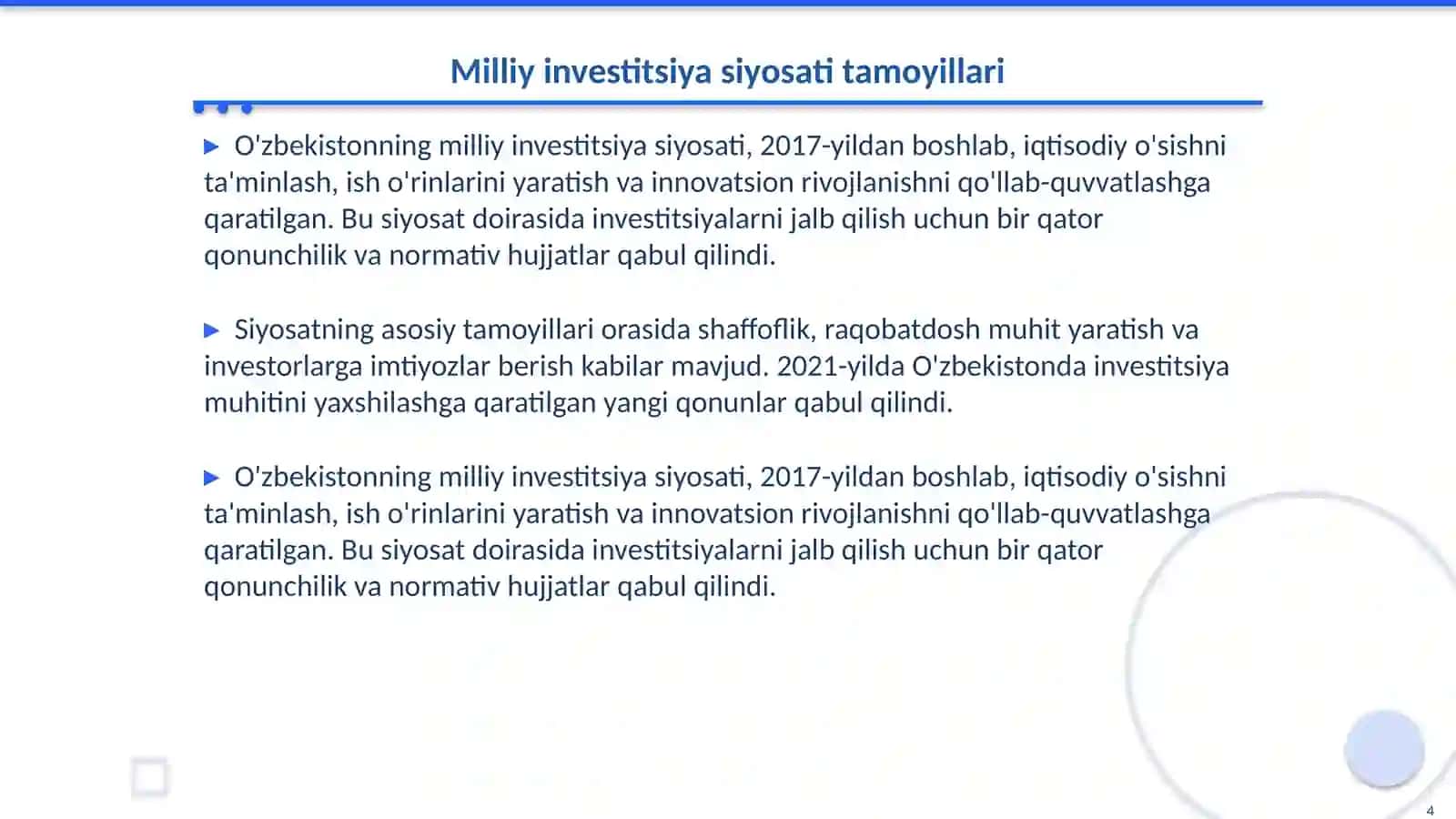 O'zbekistondagi investitsion muhit va milliy investitsiya siyosatining asosiy yònalishlarini tahlil qilish 4