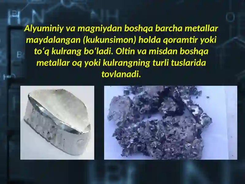 Metallar. Ularning olinishi, kimyoviy va fizik xossalari. 4