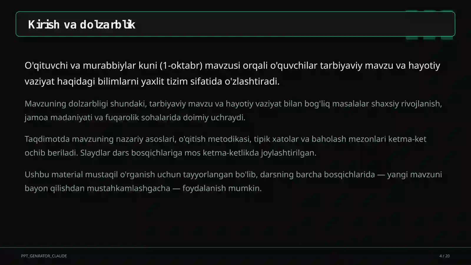 O'qituvchi va murabbiylar kuni (1-oktabr) 2