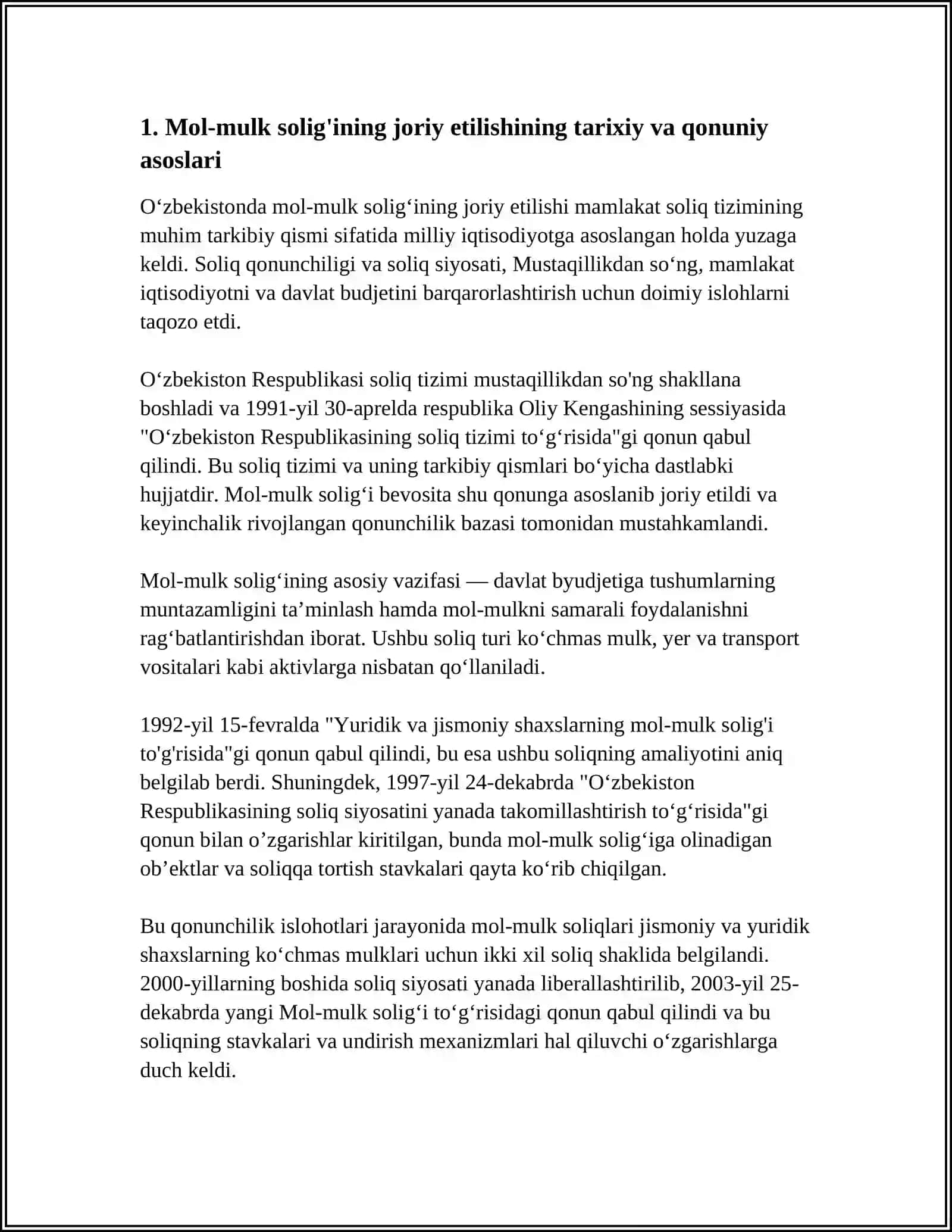O'ZBEKISTON RESPUBLIKASI SOLIQ TIZIMIGA MOL-MULK SOLIG'INING JORIY ETILISHI VA UNING OQTISODIY MOHIYATI 4