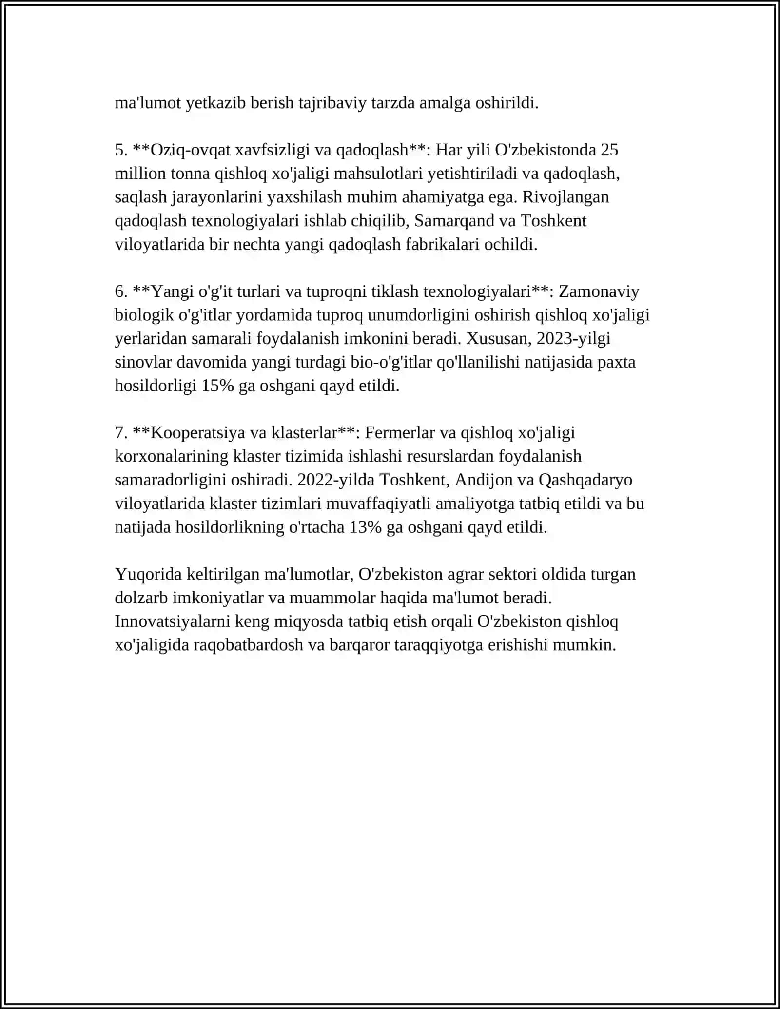 REFERAT: AGRAR SOHANING OʻZBEKISTON RESPUBLIKASINING YAIMDAGI ULUSHI 4