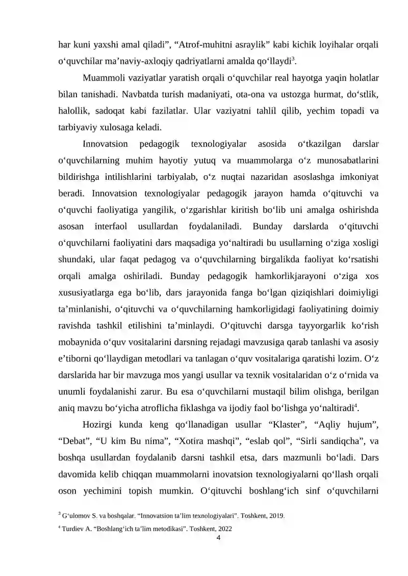 INNOVATION TALIM TEXNOLOGIYALARIDAN FOYDALANIB BOSHLAN'ICH SINF O'QUVCHILARIGA TARBIYA FANINI O'QITISH METODIKASI 4