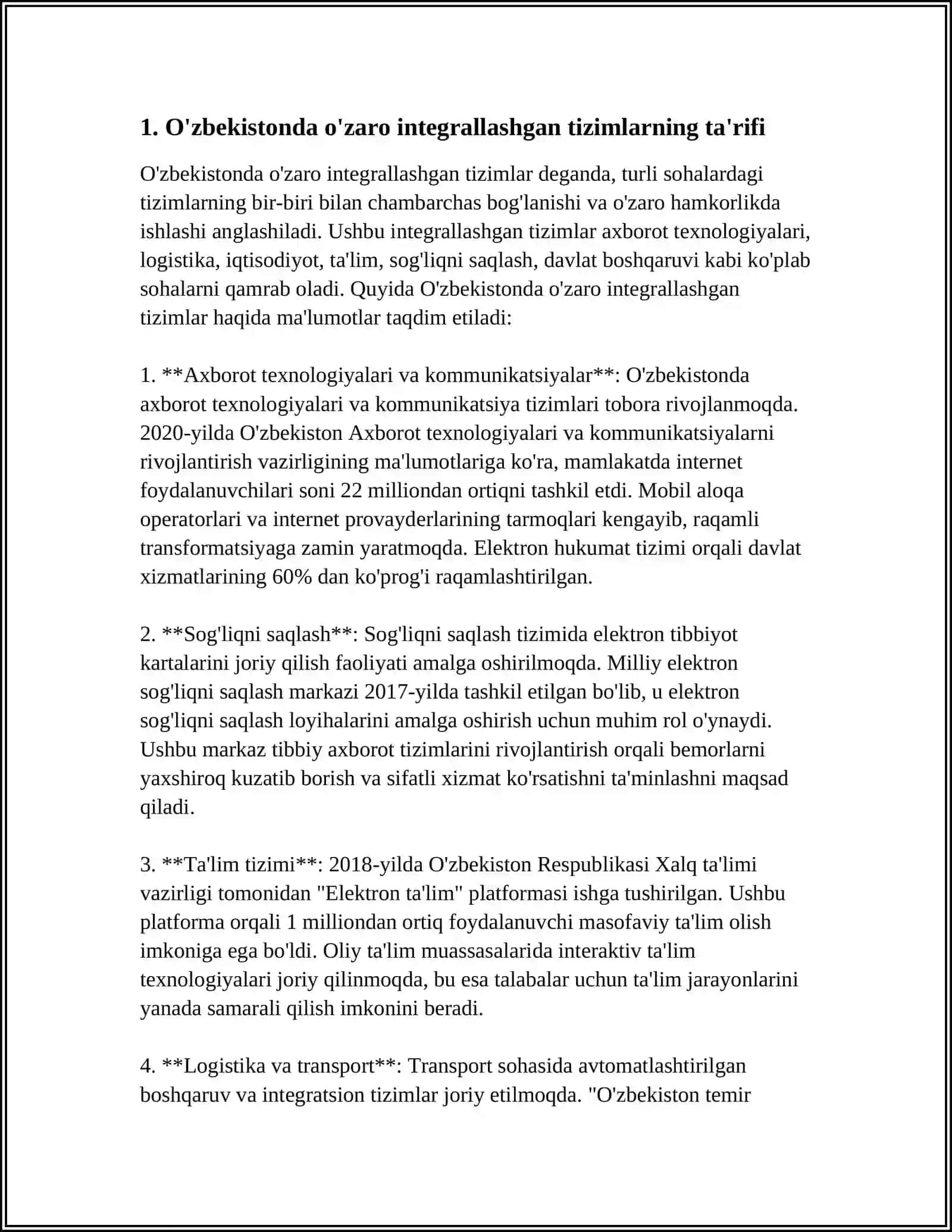 O'ZBEKISTONDA O'ZARO INTEGRALLASHGAN TIZIMLARNING IQTISODIY SAMARADORLIGI 4