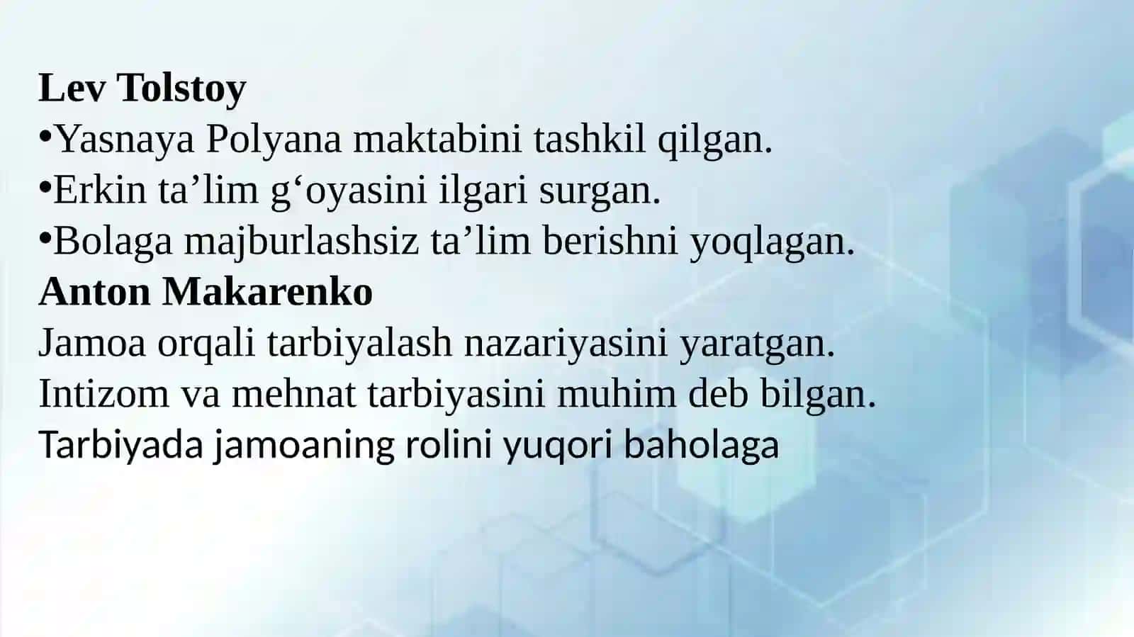 Qadimgi Sharq, Qadimgi Yunoniston, Qadimgi Rim davlatlarida maktab va tarbiya. Qadimgi Yunoniston faylasuflari tarbiya to‘g‘risida. XII asrda Rossiyada pedagogik adabiyotlarning nashr etilishi. Rus pedagog-olimlarining pedagogik g‘oyalari. G‘arbiy Yevropada maktab va pedagogik fikrlar. Iogann Genrix Pestalotsiyning didaktika va boshlang‘ich ta‘lim metodikasiga qo‘shgan hissasi. Adolf Distervergning rivojlantiruvchi ta‘lim nazariyasi. Ya.A.Komenskiyning pedagogik nazariyasi. 4