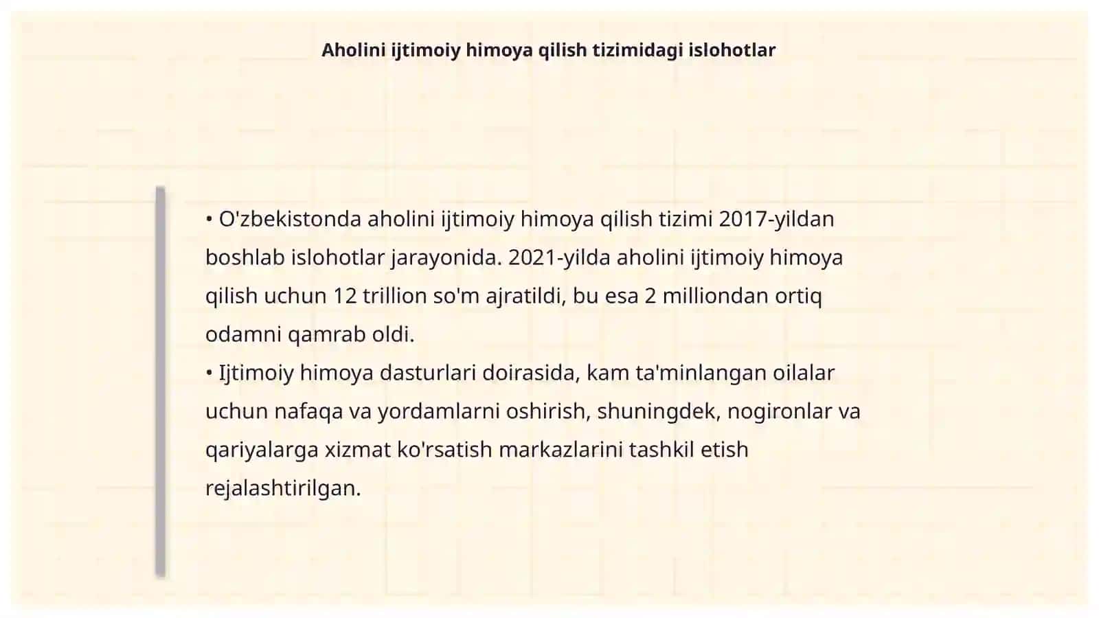 O'zbekistonda ijtimoiy sohada amalga oshirilayotgan o'zgarishlarning mazmun mohiyati 4