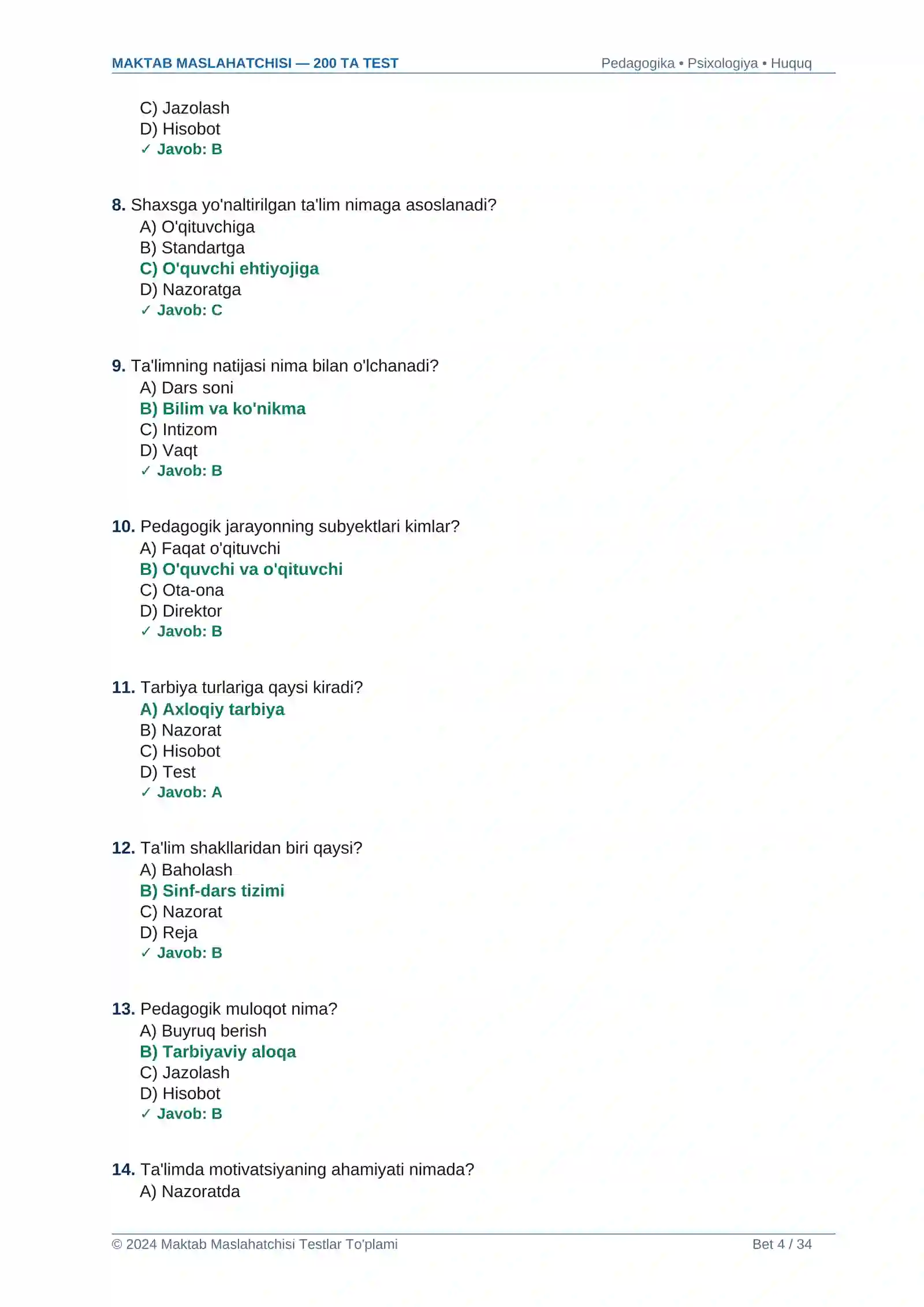 MAKTAB MASLAHATCHISI — 200 TA TEST 4